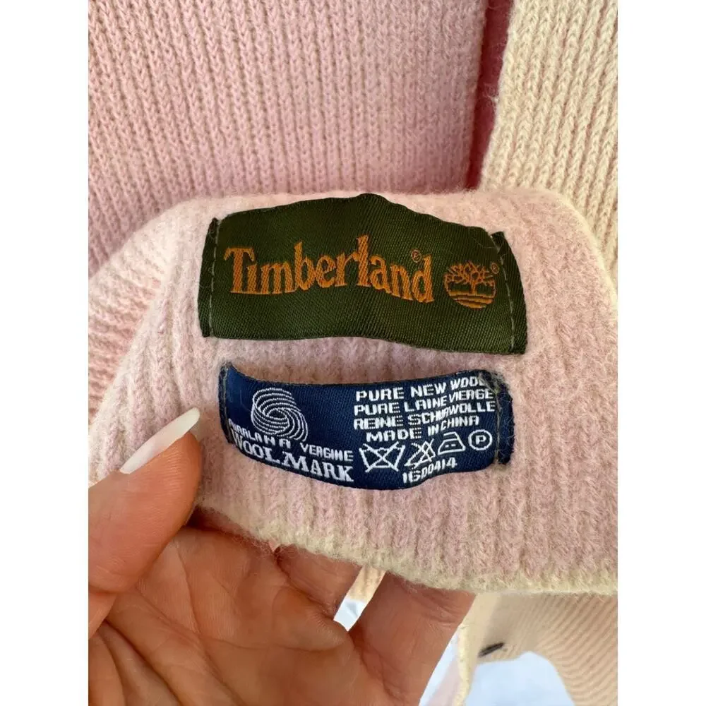 Vintage 100% Wool Pink Timberland knit scarf reversible peach leather logo y2k